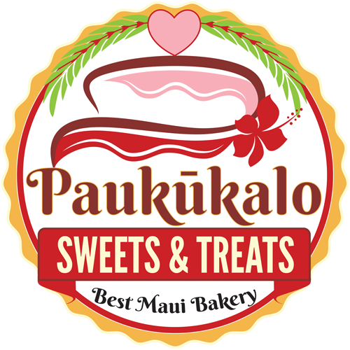 Logo for Paukūkalo Sweets & Treats, a Maui bakery. The circular design features a cake with pink icing and a heart on top, adorned with a ribbon and leaves. There is text that reads "Paukūkalo Sweets & Treats" and "Best Maui Bakery.