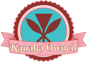 A circular badge with a red scalloped edge and a pink ribbon displaying the text "Kanaka Owned." The center features a brown graphic of kahili (symbol of the ali'i) and paddles on a turquoise background. Inspired by Maui, the ribbon beneath the graphic has a pink polka-dot border, reminiscent of local bakery charm.