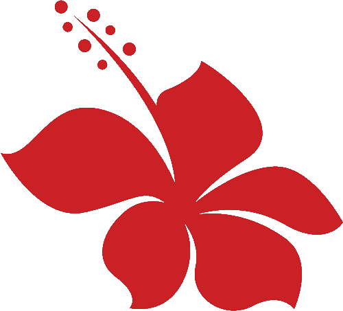 A simple, stylized red hibiscus flower with five petals and a long stamen extending from the center, featuring small round anthers at the tip. The design evokes the essence of Maui against a plain background.