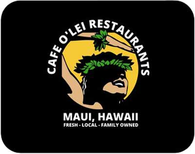 Logo for Cafe O'Lei Restaurants in Maui, Hawaii. It features an illustrated person's face wearing a lei headdress, with hands holding leaves above the head. The text reads "Cafe O'Lei Restaurants, Maui, Hawaii. Fresh. Local. Family Owned." Your go-to spot for a cozy bakery experience in Maui!