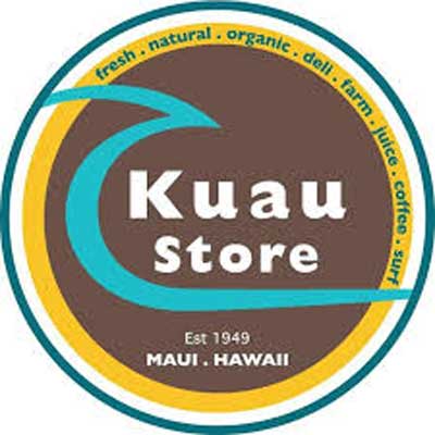 A circular logo for Kuau Store with text reading "fresh, natural, organic, deli, farm, juice, coffee, surf" and "bakery" at the top edge. The center features "Kuau Store," "Est 1949," and "Maui, Hawaii" below. Blue, yellow, and brown colors are used throughout.