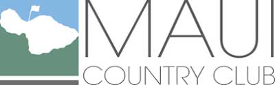 Logo of Maui Country Club featuring a stylized map of the island of Maui with a flag on top within a green and blue square on the left. To the right, "MAUI" is displayed in large letters above "COUNTRY CLUB" in smaller letters.